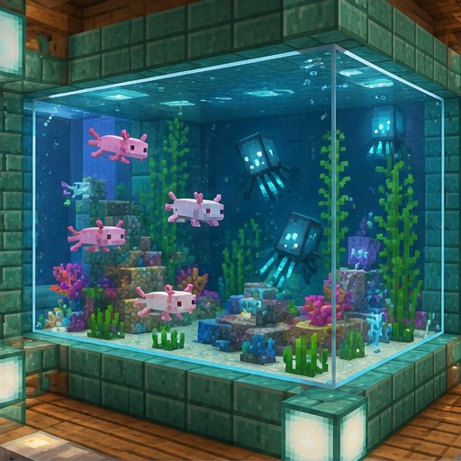 Axolotl and Glow Squid Aquarium — conceptual voxel illustration